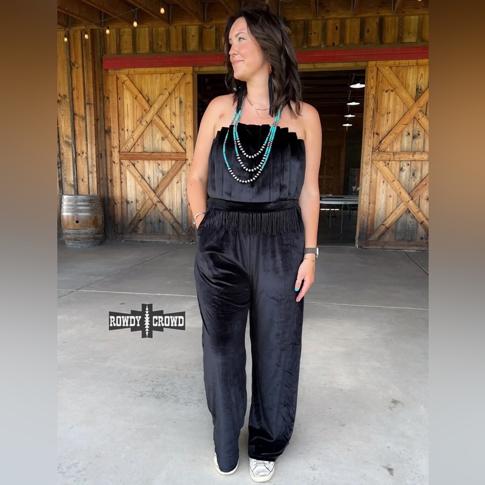 Strapless Black Velvet Pleated Jumpsuit - Picture 2 of 6